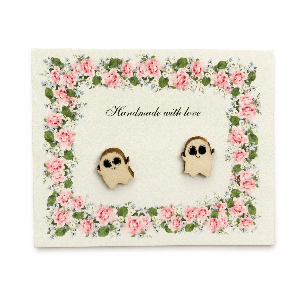 Handmade Ghost Stud Earrings Women OS Natural Wood Halloween Spooky Waving Cute